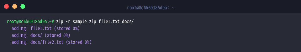 zip -r sample.zip file1.txt docs/