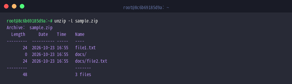 unzip -l sample.zip