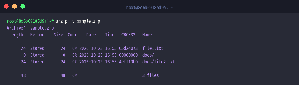 unzip -v sample.zip