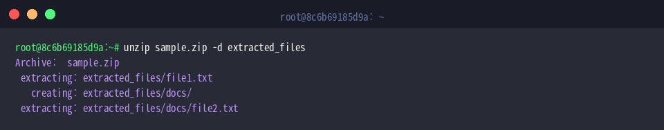 unzip sample.zip -d extracted_files