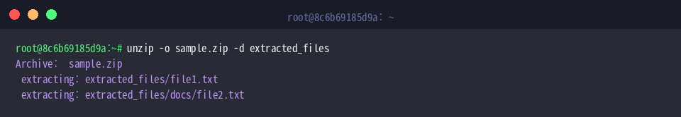 unzip -o sample.zip -d extracted_files