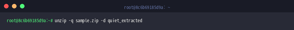 unzip -q sample.zip -d quiet_extracted
