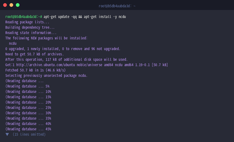 Updating package index and installing ncdu