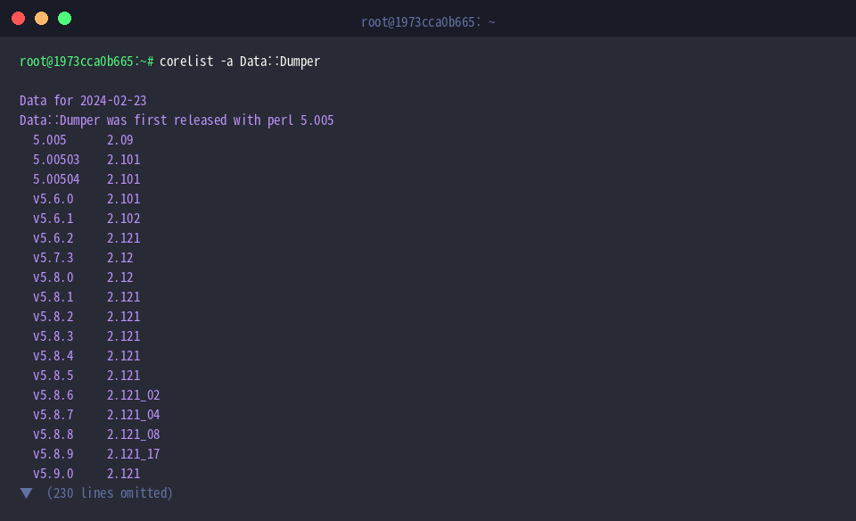 Trace Data::Dumper version changes with corelist -a