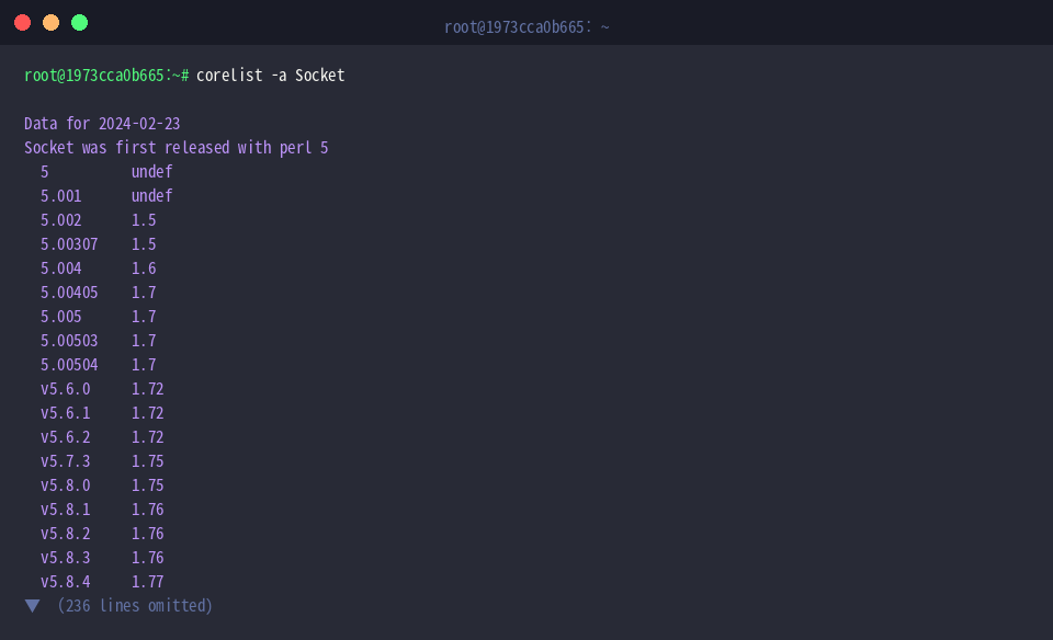 Inspect Socket module history across Perl releases with corelist -a