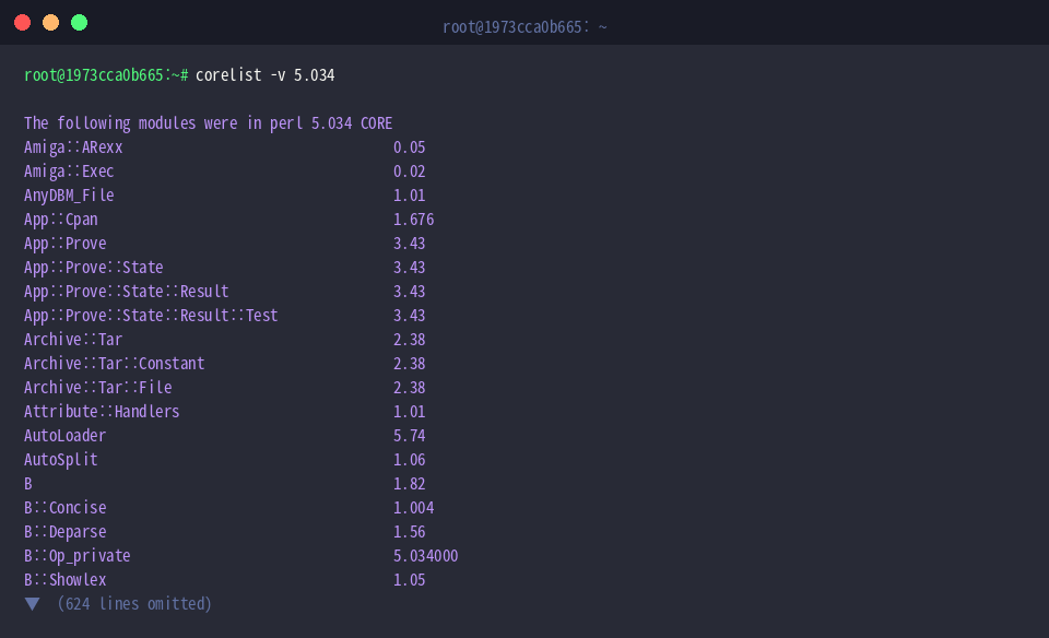 List all bundled modules in Perl 5.034 with corelist -v