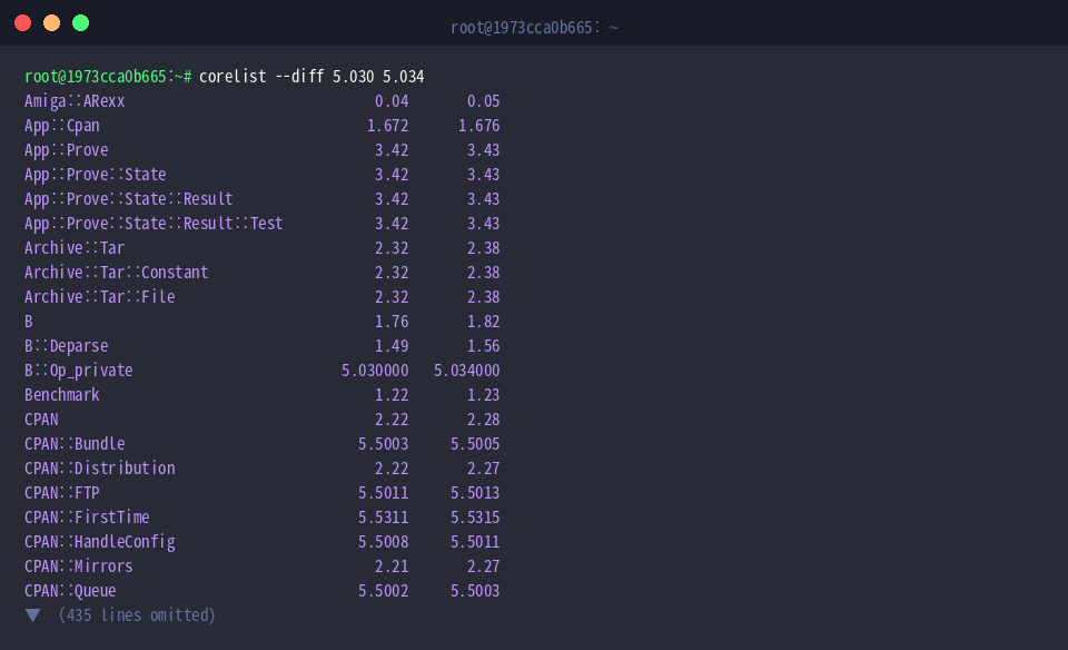 Compare module version differences with corelist &ndash;diff 5.030 5.034