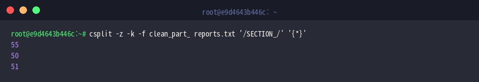 Run csplit with zero-suppression and error-safety