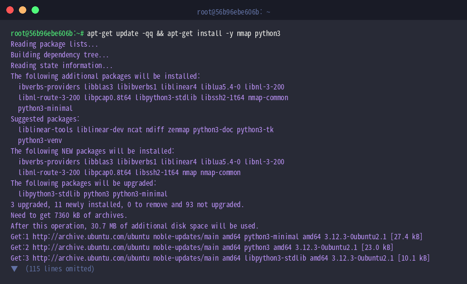 Updating package repos and installing Nmap with Python 3