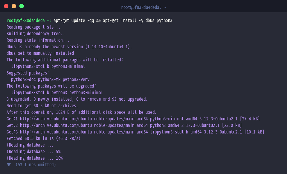 Updating package indices and installing dbus alongside python3